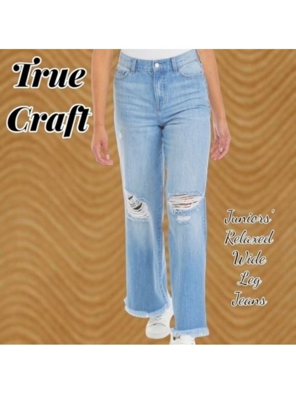 TRUE CRAFT Juniors' Relaxed Fit Wide Leg Raw Hem Jeans